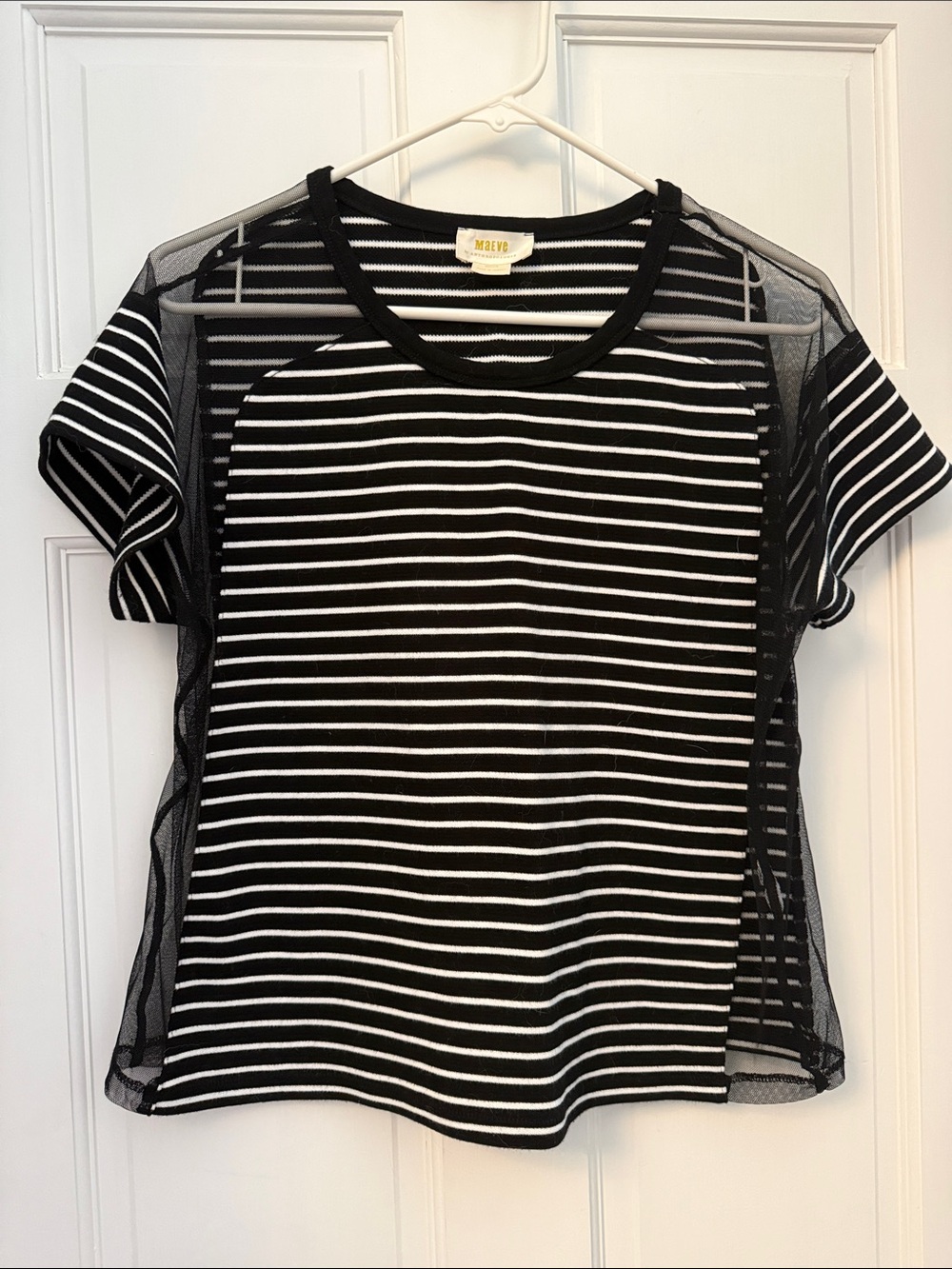 Maeve Black & White Striped Tee with Mesh Panels